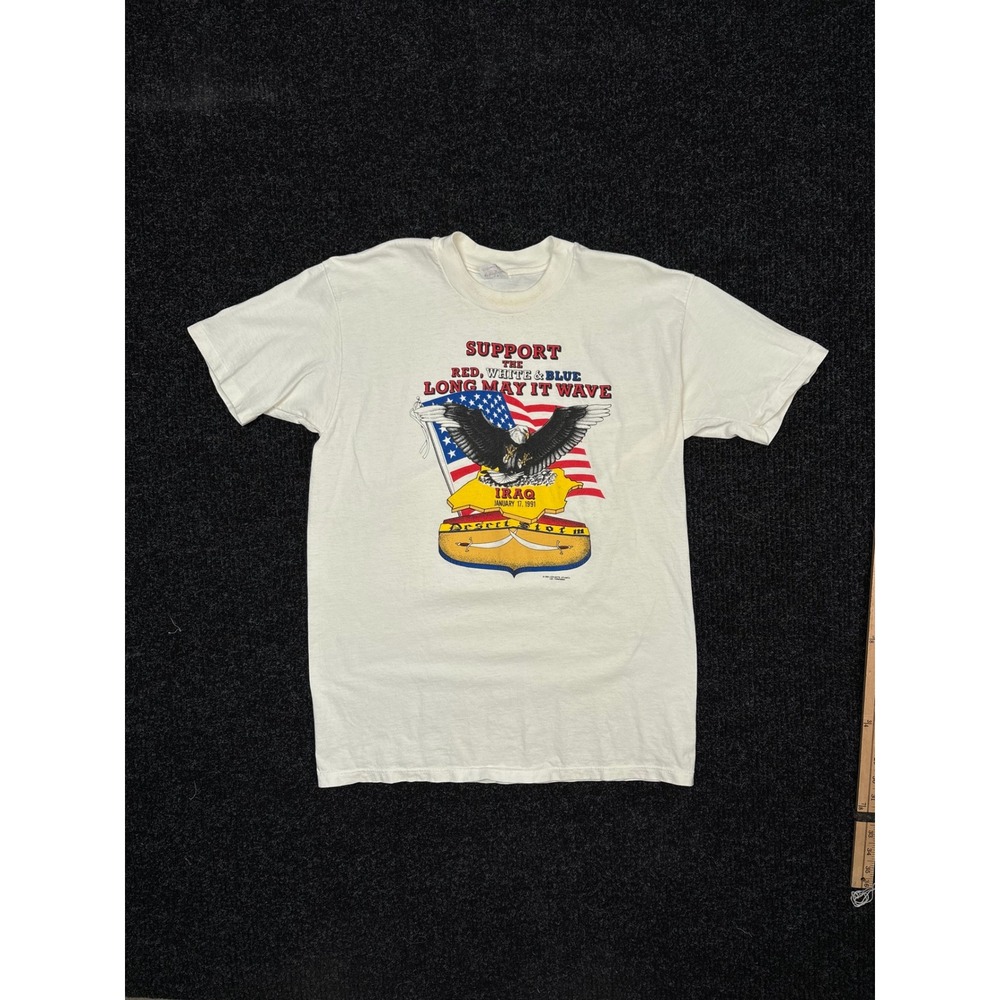 Vintage 1990 Stedman Desert Storm Iraq War T-Shirt Large White Made in USA Eagle